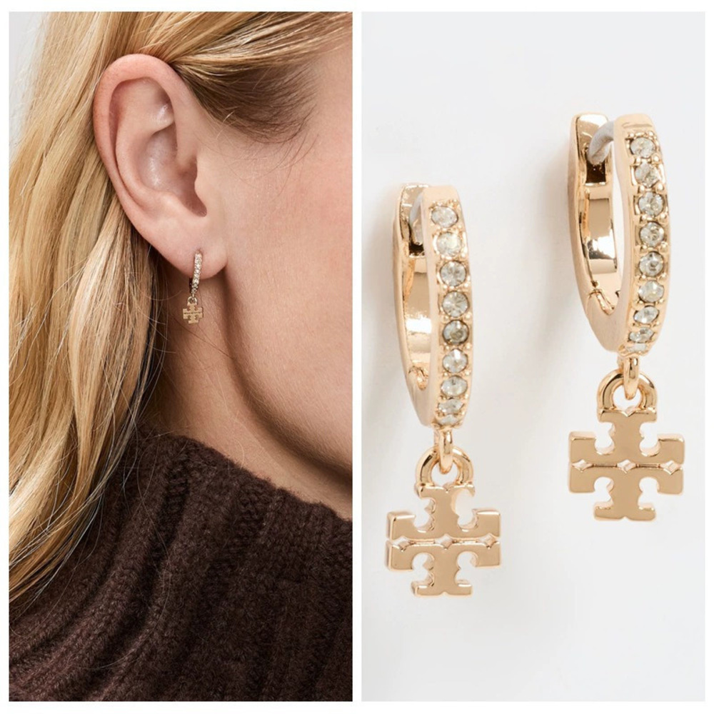 Tory Burch Logo Pave Diamond Square Double Drop Hoop Earrings